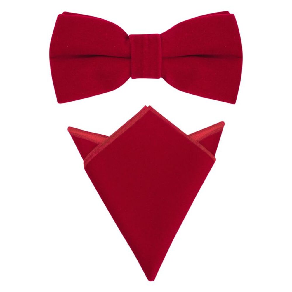 Velvet Adjustable Pre-Tied Bow Tie Solid Color Pocket Square Set Red